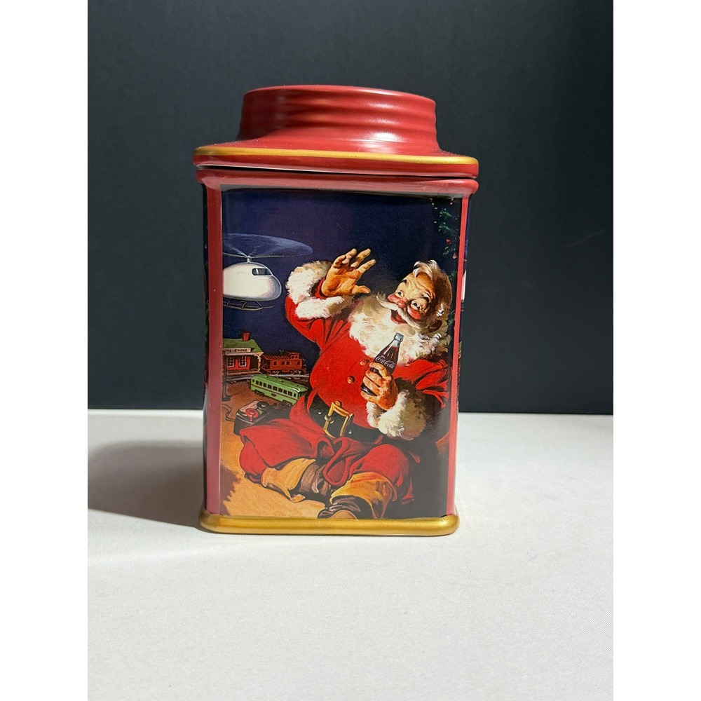 Coca-Cola Santa Claus Ceramic Holiday Canister Jar Red Gold Trim Vintage Style